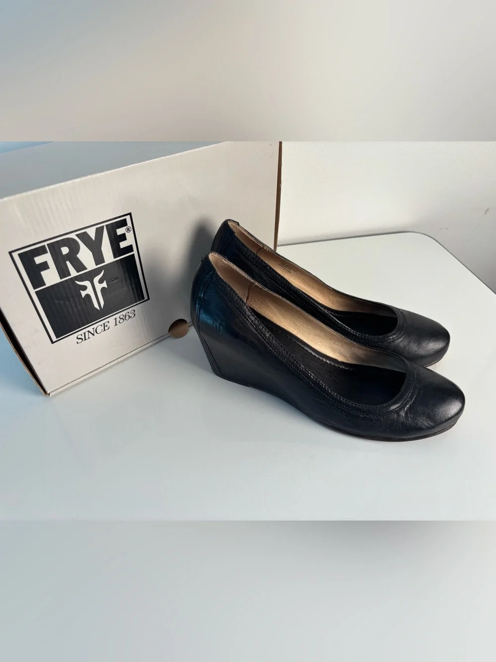 Frye Black Leather Wedge Pumps